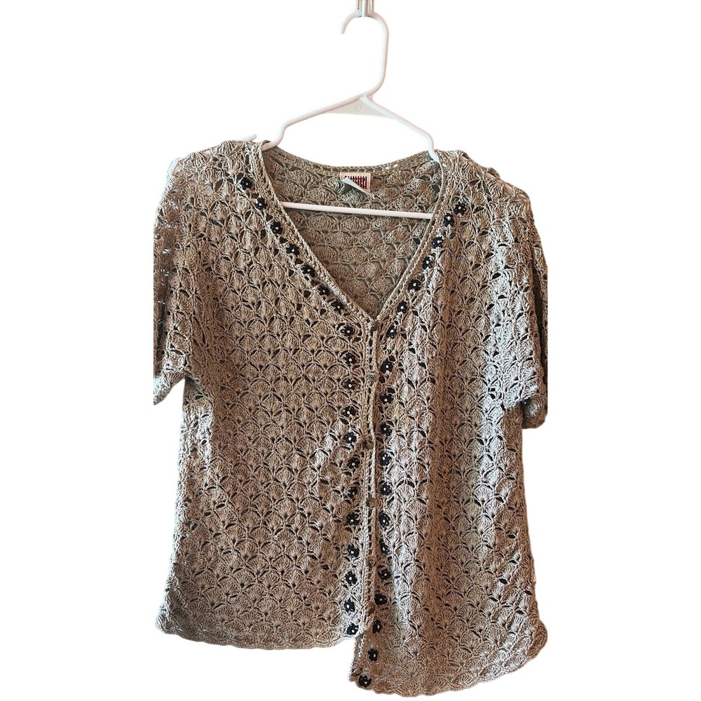 Marisa Canvas Womens Medium Tan‎ 100% Linen Crochet Knit Floral Button Cardigan